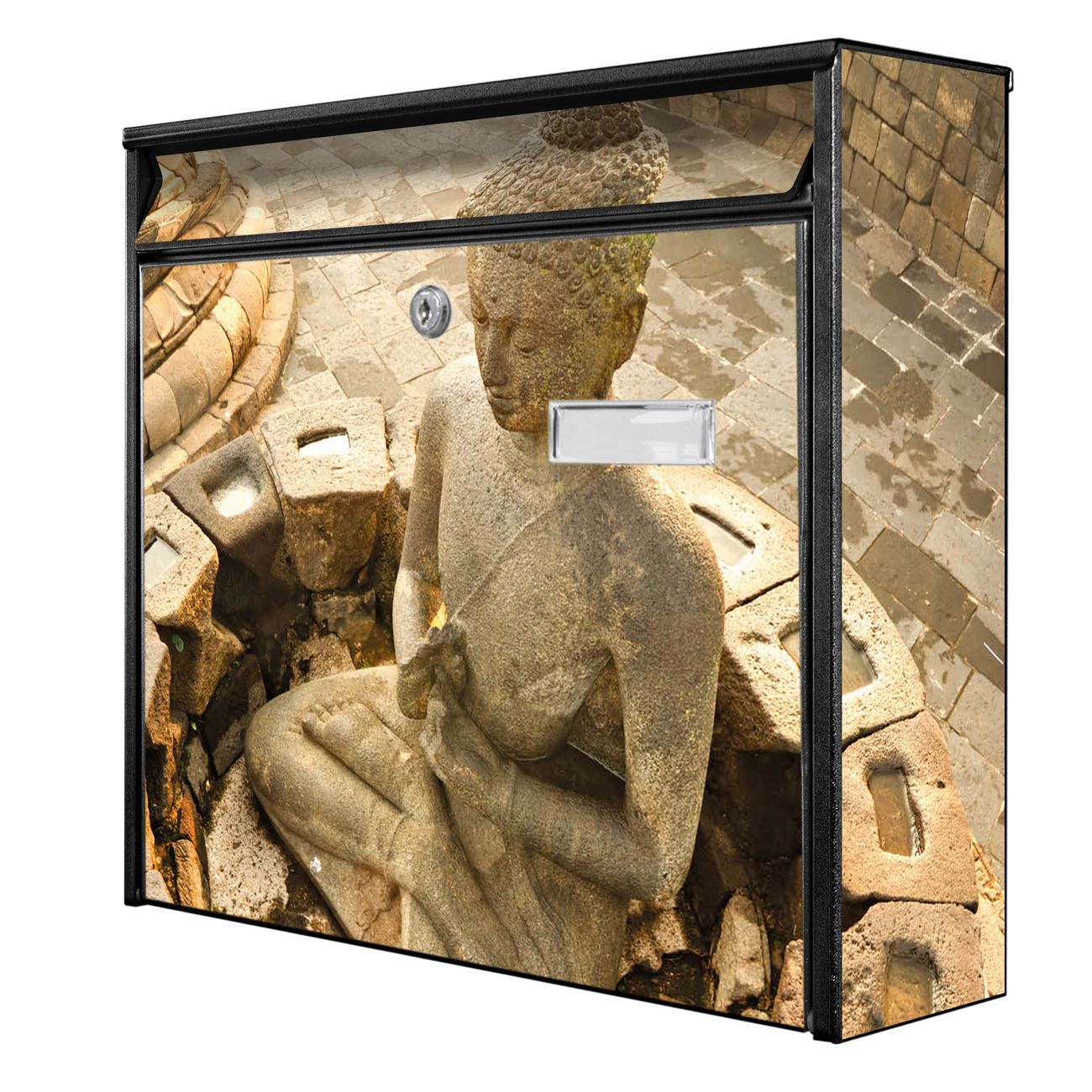 banjado Burg Wächter Briefkasten, Wandbriefkasten Modell Mail, schwarz verzinkt und lackiertes Stahlblech 36x32x10cm BxHxT, Motiv Buddha