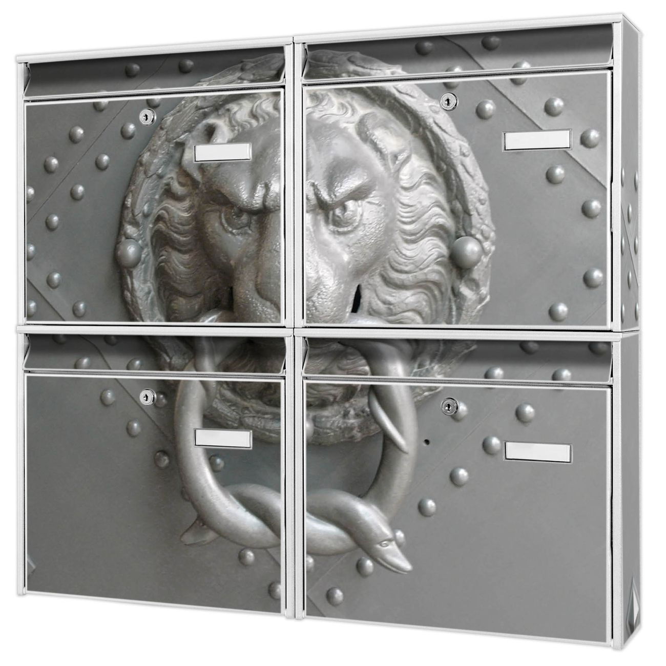 banjado Burg Wächter Briefkastenanlage weiß 4 Parteien Briefkasten Mehrfamilienhaus 64,5x72,5x10cm BxHxT verzinkt und lackiert, Motiv Eisentor