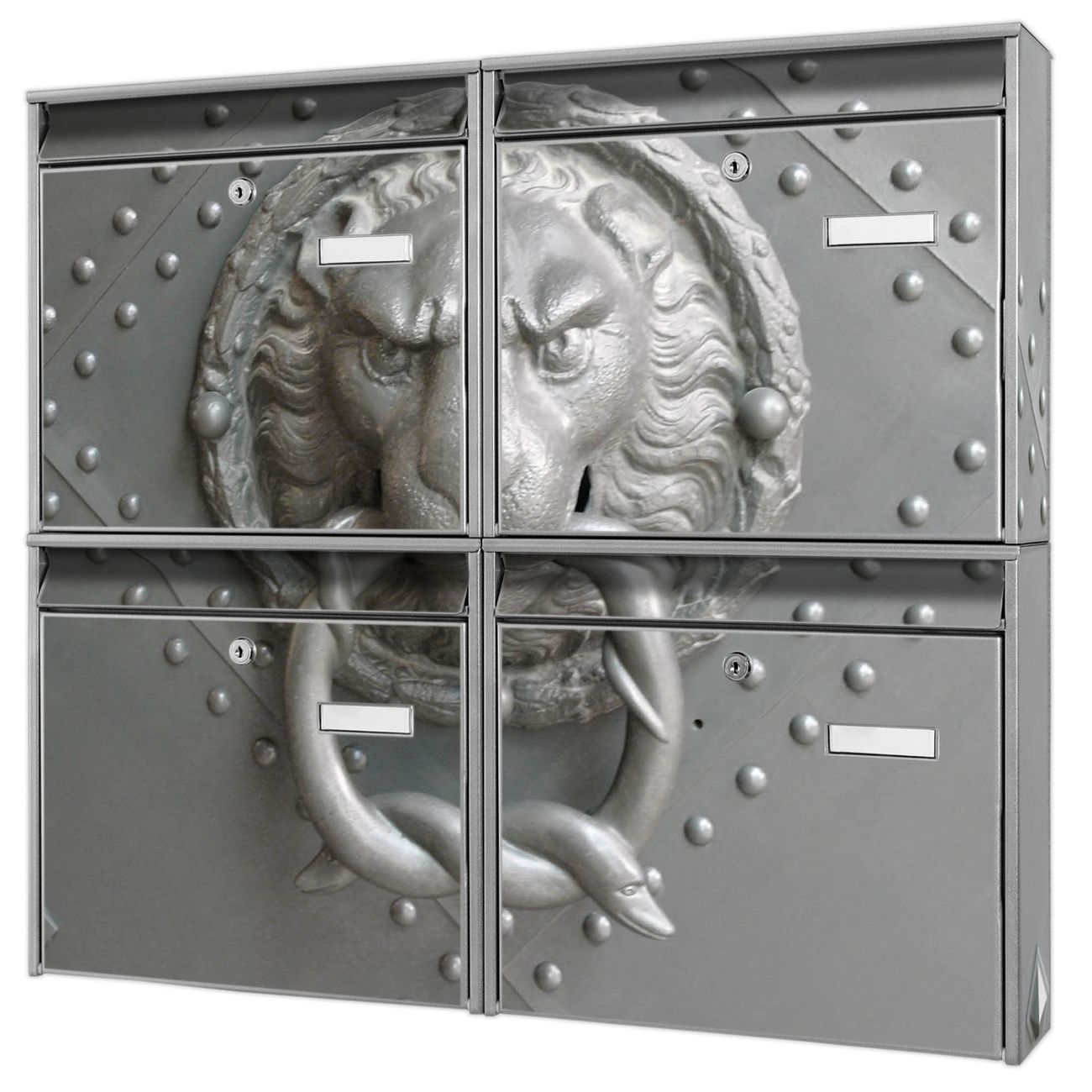 banjado Burg Wächter Briefkastenanlage silber 4 Parteien Briefkasten Mehrfamilienhaus 64,5x72,5x10cm BxHxT verzinkt und lackiert, Motiv Eisentor