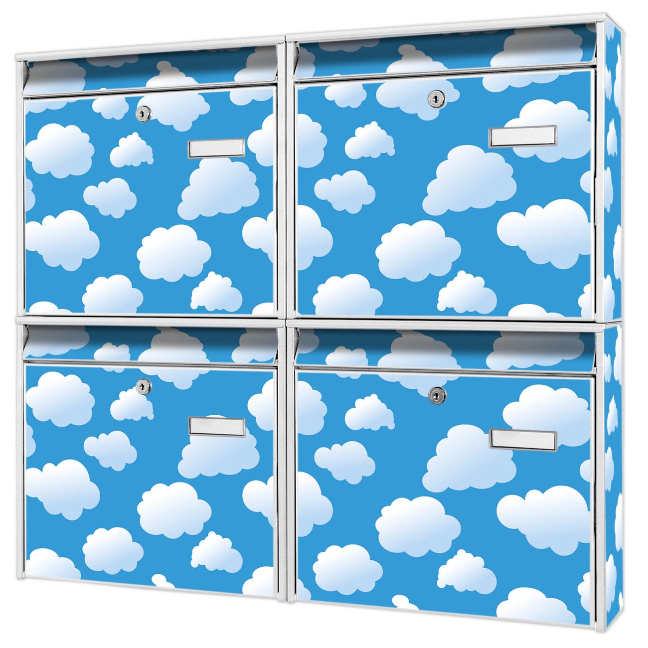 banjado Burg Wächter Briefkastenanlage weiß 4 Parteien Briefkasten Mehrfamilienhaus 64,5x72,5x10cm BxHxT verzinkt und lackiert, Motiv Wölkchen