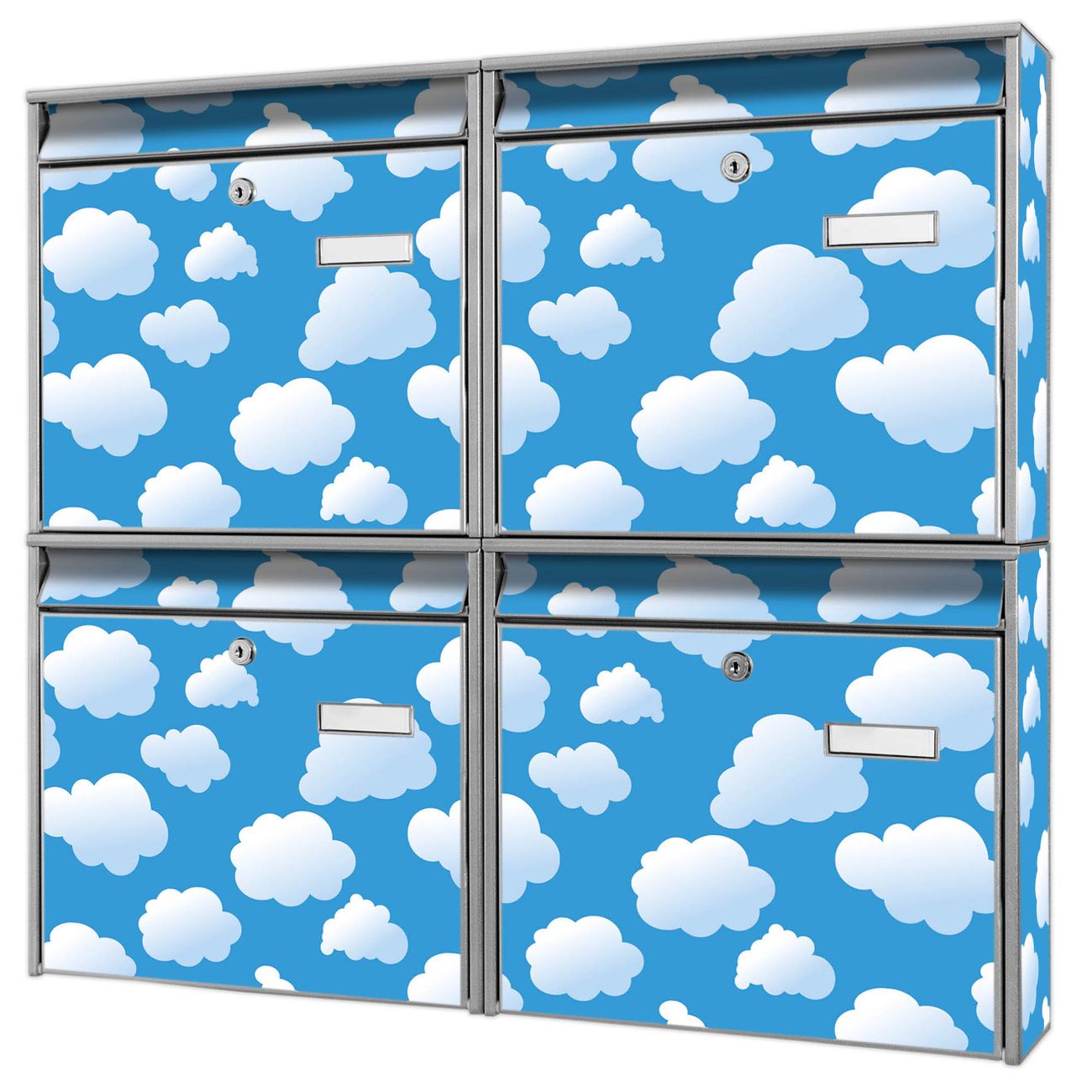 banjado Burg Wächter Briefkastenanlage silber 4 Parteien Briefkasten Mehrfamilienhaus 64,5x72,5x10cm BxHxT verzinkt und lackiert, Motiv Wölkchen