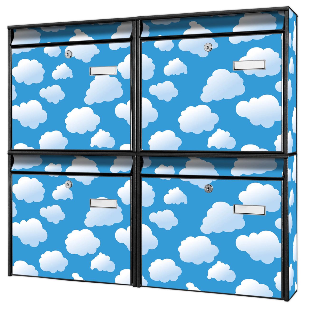 banjado Burg Wächter Briefkastenanlage schwarz 4 Parteien Briefkasten Mehrfamilienhaus 64,5x72,5x10cm BxHxT verzinkt und lackiert, Motiv Wölkchen