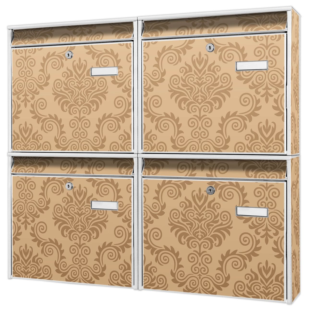 banjado Burg Wächter Briefkastenanlage weiß 4 Parteien Briefkasten Mehrfamilienhaus 64,5x72,5x10cm BxHxT verzinkt und lackiert, Motiv Tapete Beige