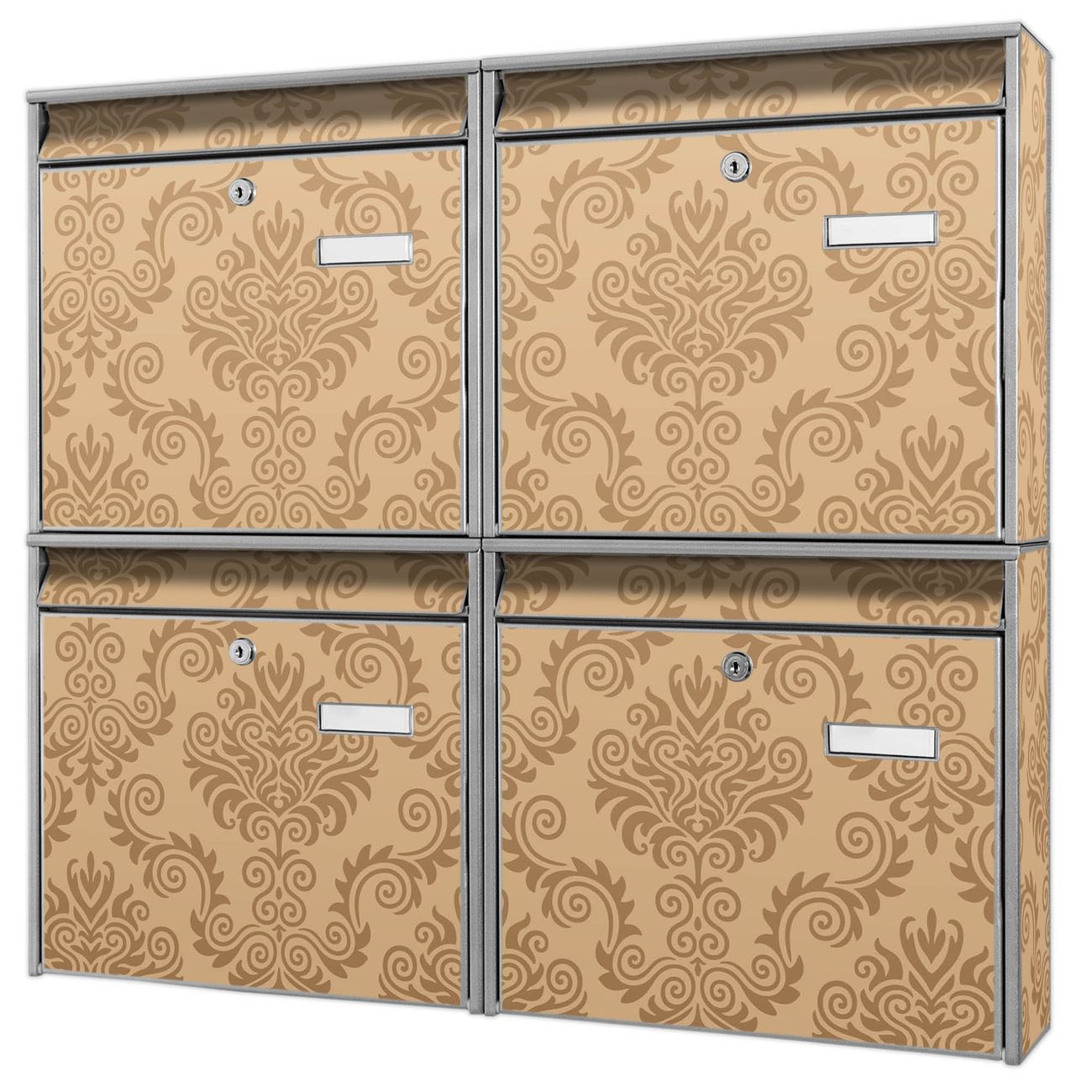 banjado Burg Wächter Briefkastenanlage silber 4 Parteien Briefkasten Mehrfamilienhaus 64,5x72,5x10cm BxHxT verzinkt und lackiert, Motiv Tapete Beige
