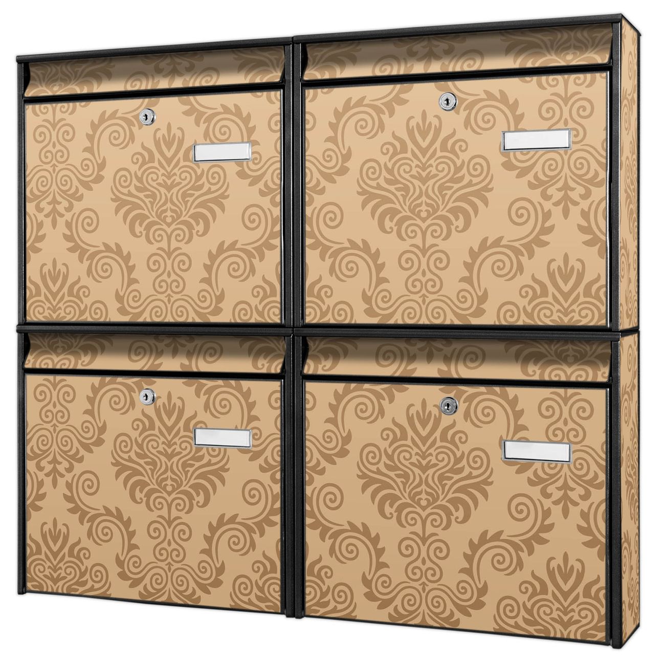 banjado Burg Wächter Briefkastenanlage schwarz 4 Parteien Briefkasten Mehrfamilienhaus 64,5x72,5x10cm BxHxT verzinkt und lackiert, Motiv Tapete Beige