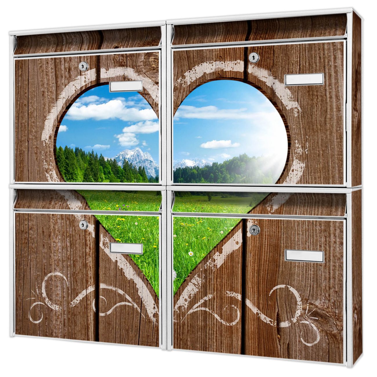 banjado Burg Wächter Briefkastenanlage weiß 4 Parteien Briefkasten Mehrfamilienhaus 64,5x72,5x10cm BxHxT verzinkt und lackiert, Motiv Ausblick Herz