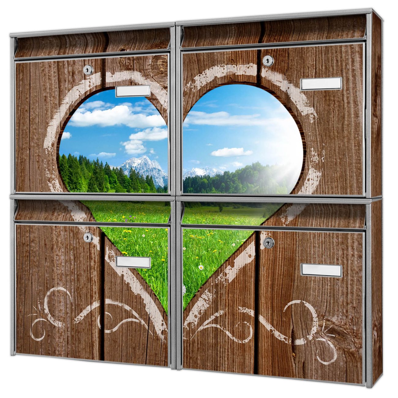 banjado Burg Wächter Briefkastenanlage silber 4 Parteien Briefkasten Mehrfamilienhaus 64,5x72,5x10cm BxHxT verzinkt und lackiert, Motiv Ausblick Herz