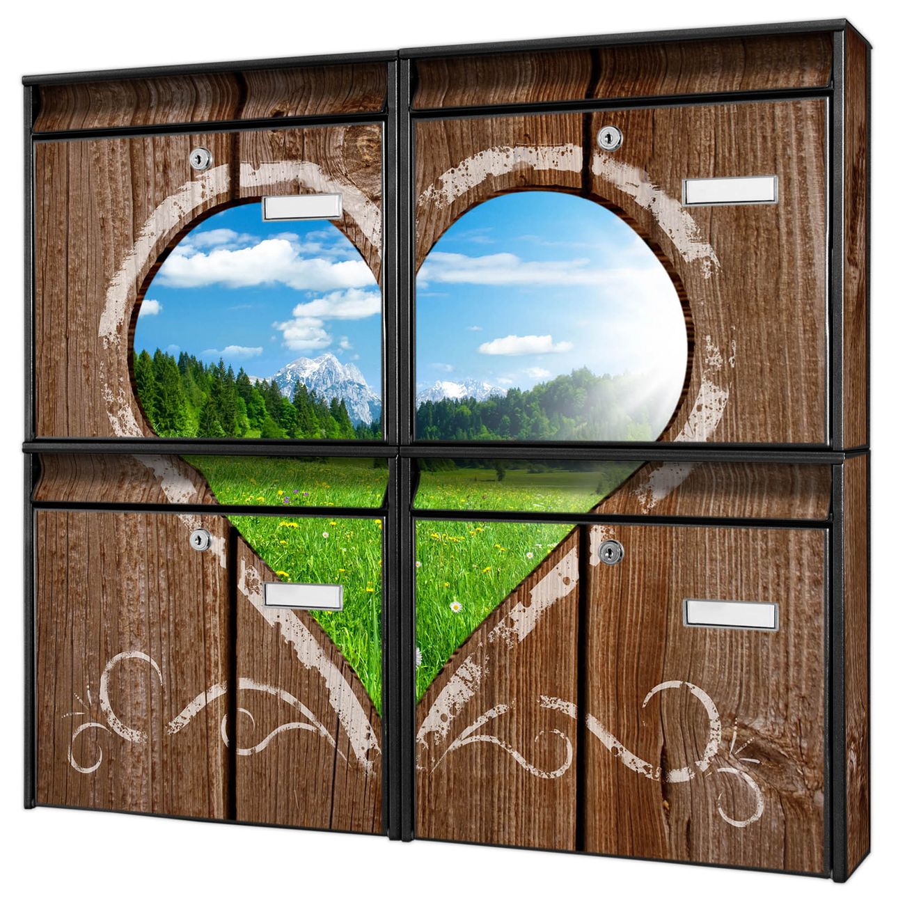 banjado Burg Wächter Briefkastenanlage schwarz 4 Parteien Briefkasten Mehrfamilienhaus 64,5x72,5x10cm BxHxT verzinkt und lackiert, Motiv Ausblick Herz