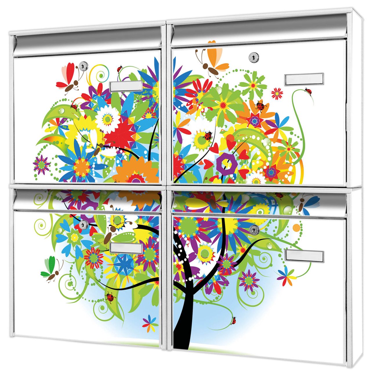 banjado Burg Wächter Briefkastenanlage weiß 4 Parteien Briefkasten Mehrfamilienhaus 64,5x72,5x10cm BxHxT verzinkt und lackiert, Motiv Zauberbaum