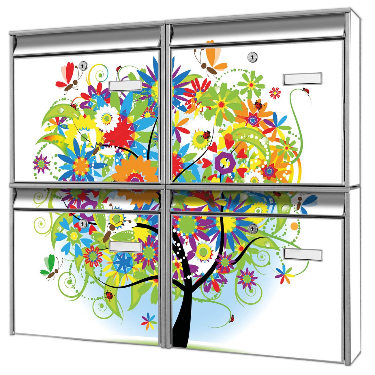 banjado Burg Wächter Briefkastenanlage silber 4 Parteien Briefkasten Mehrfamilienhaus 64,5x72,5x10cm BxHxT verzinkt und lackiert, Motiv Zauberbaum