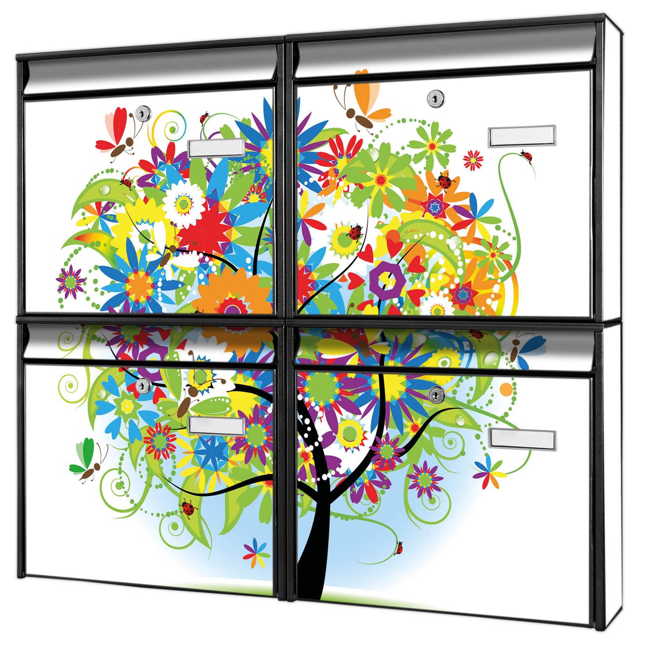 banjado Burg Wächter Briefkastenanlage schwarz 4 Parteien Briefkasten Mehrfamilienhaus 64,5x72,5x10cm BxHxT verzinkt und lackiert, Motiv Zauberbaum