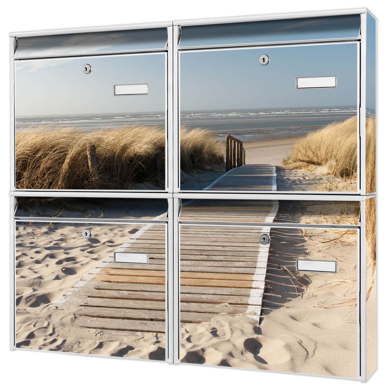 banjado Burg Wächter Briefkastenanlage weiß 4 Parteien Briefkasten Mehrfamilienhaus 64,5x72,5x10cm BxHxT verzinkt und lackiert, Motiv Dünen