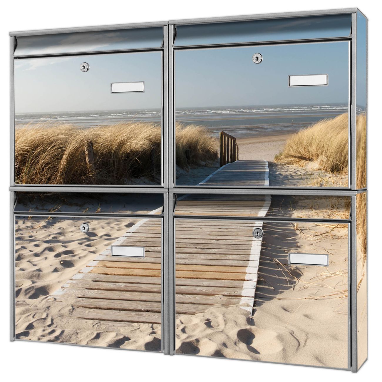banjado Burg Wächter Briefkastenanlage silber 4 Parteien Briefkasten Mehrfamilienhaus 64,5x72,5x10cm BxHxT verzinkt und lackiert, Motiv Dünen
