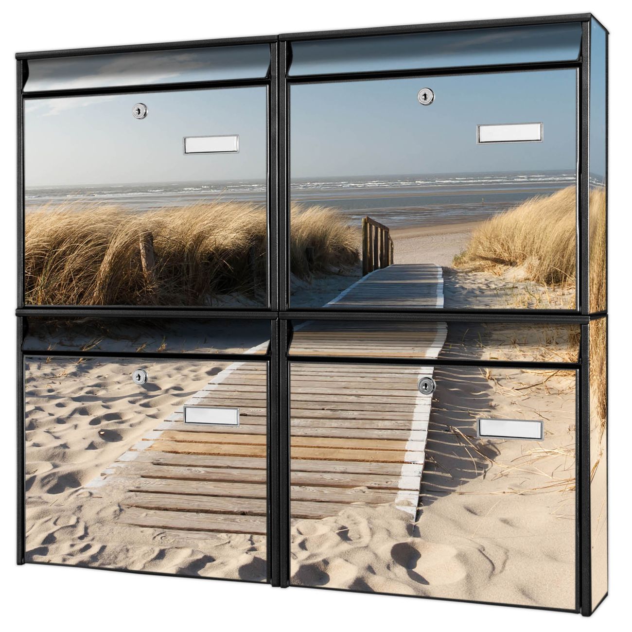 banjado Burg Wächter Briefkastenanlage schwarz 4 Parteien Briefkasten Mehrfamilienhaus 64,5x72,5x10cm BxHxT verzinkt und lackiert, Motiv Dünen