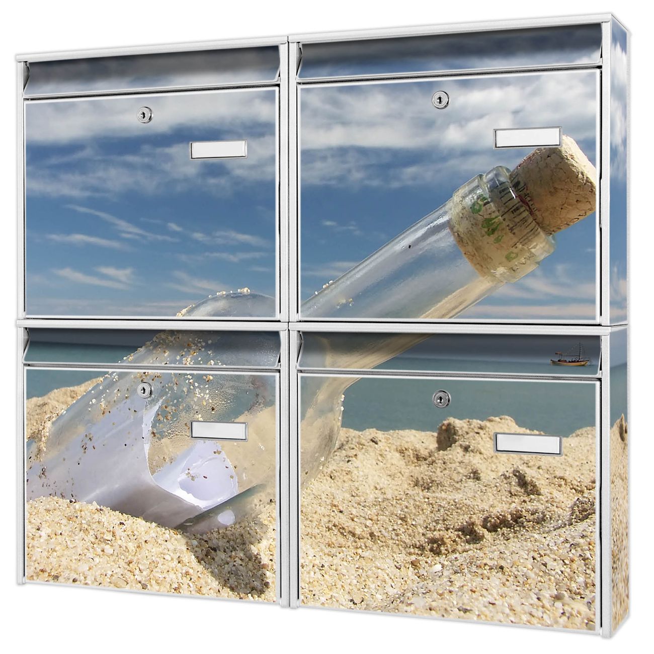 banjado Burg Wächter Briefkastenanlage weiß für 4 Parteien Briefkasten kaufen, mehre Farben, flexibel erweiterbar Flaschenpost - A4 Einwurf