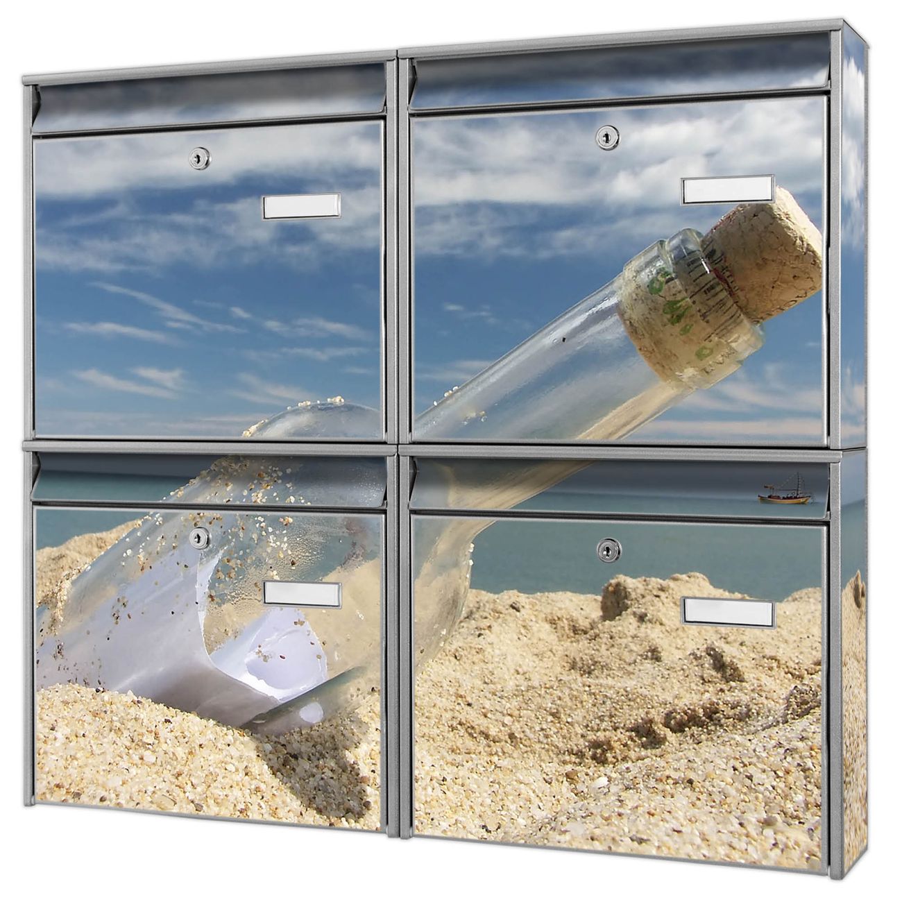 banjado Burg Wächter Briefkastenanlage silber für 4 Parteien Briefkasten kaufen, mehre Farben, flexibel erweiterbar Flaschenpost - A4 Einwurf