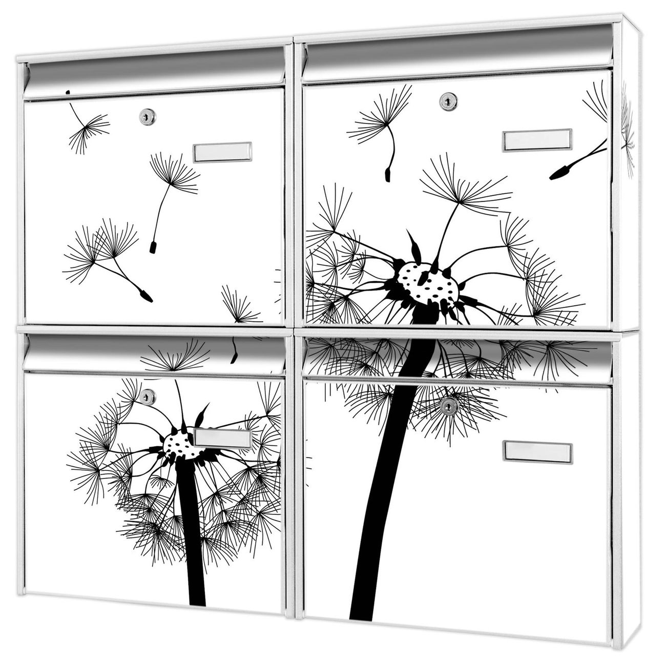 banjado Burg Wächter Briefkastenanlage weiß 4 Parteien Briefkasten Mehrfamilienhaus 64,5x72,5x10cm BxHxT verzinkt und lackiert, Motiv Pusteblume 2