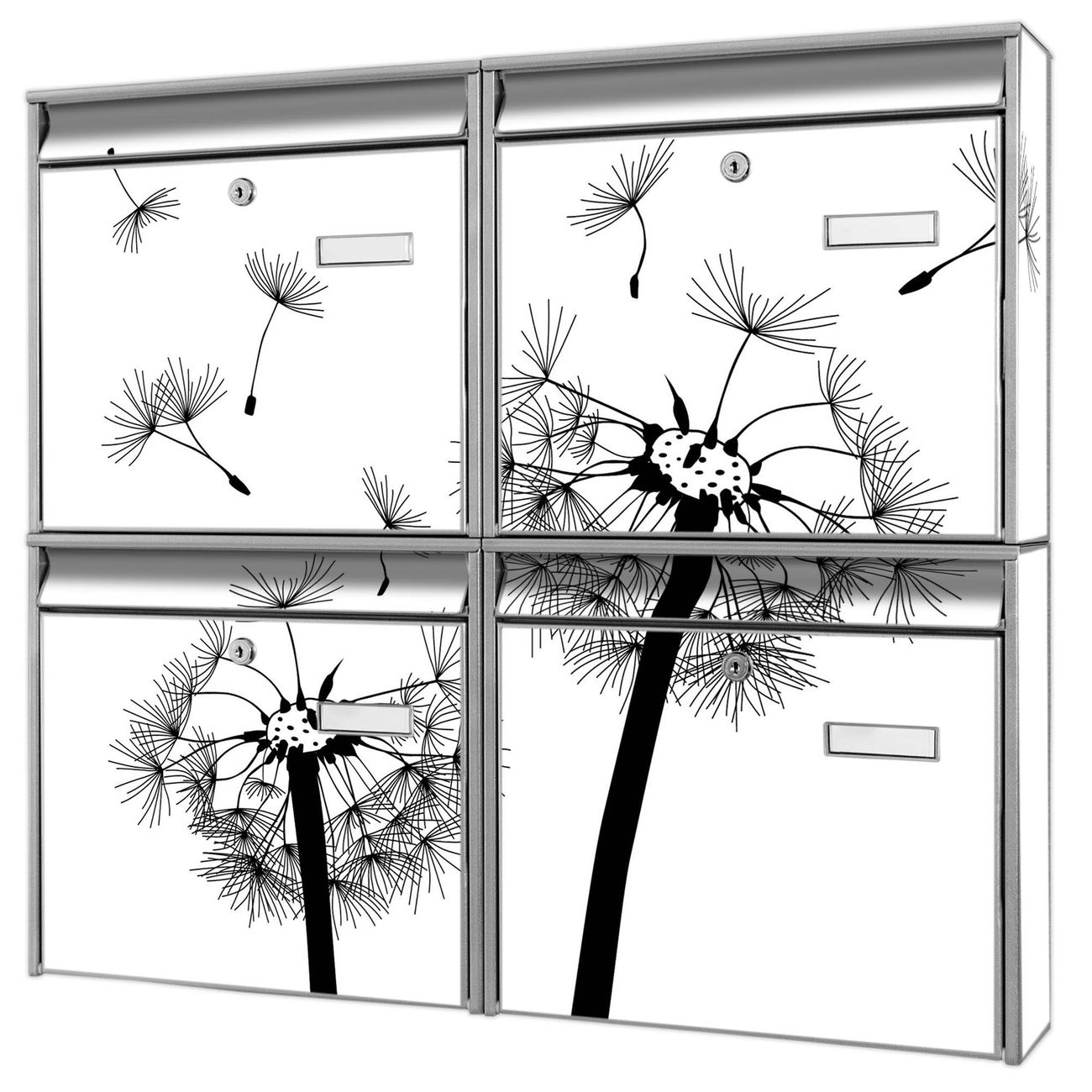 banjado Burg Wächter Briefkastenanlage silber 4 Parteien Briefkasten Mehrfamilienhaus 64,5x72,5x10cm BxHxT verzinkt und lackiert, Motiv Pusteblume 2