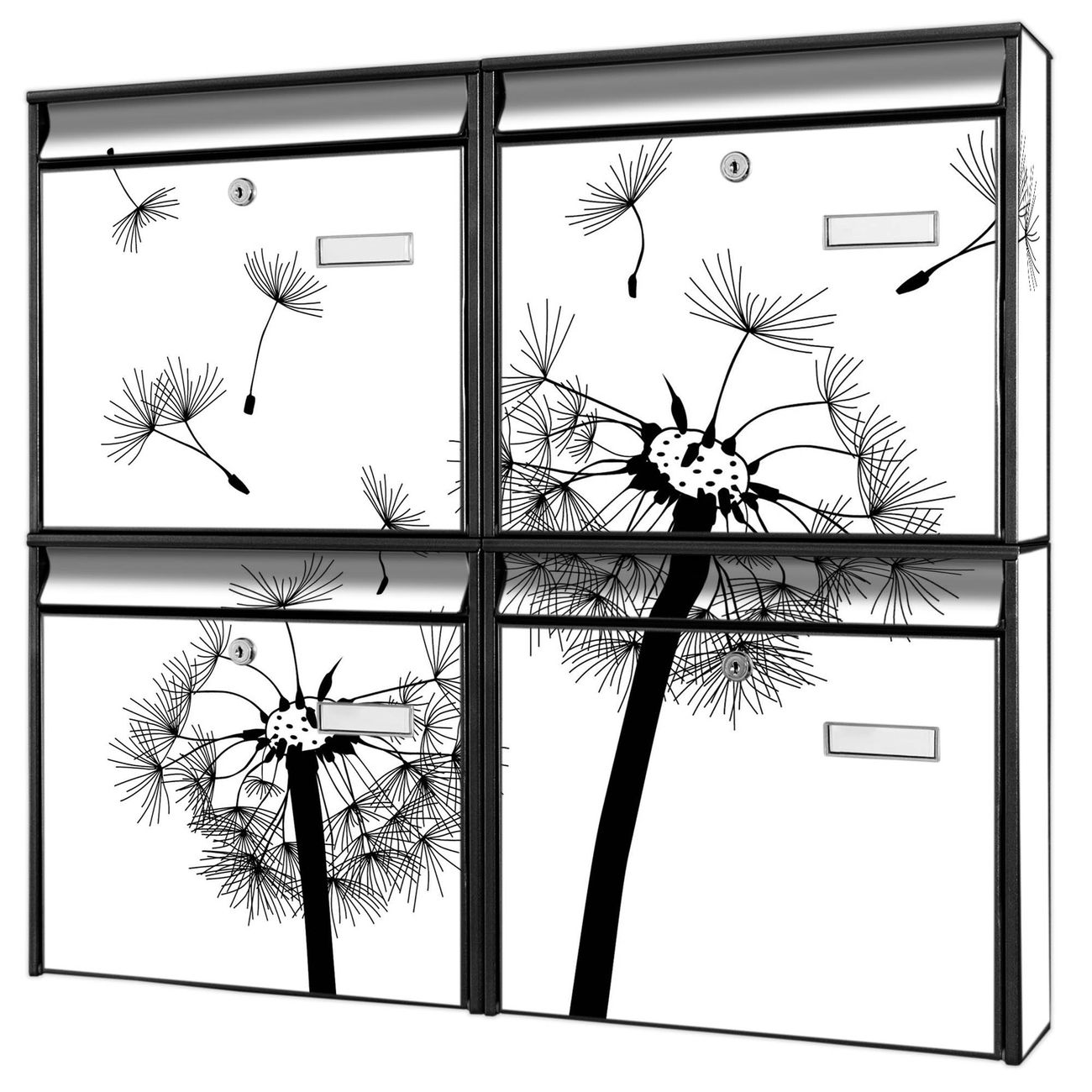 banjado Burg Wächter Briefkastenanlage schwarz 4 Parteien Briefkasten Mehrfamilienhaus 64,5x72,5x10cm BxHxT verzinkt und lackiert, Motiv Pusteblume 2