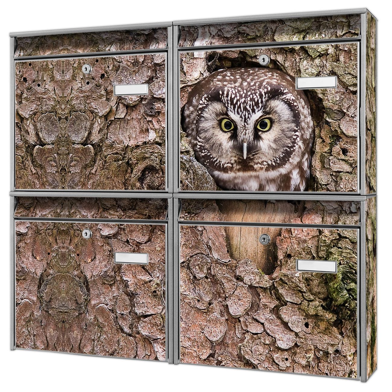 banjado Burg Wächter Briefkastenanlage silber für 4 Parteien Briefkasten kaufen, mehre Farben, flexibel erweiterbar Eule - A4 Einwurf