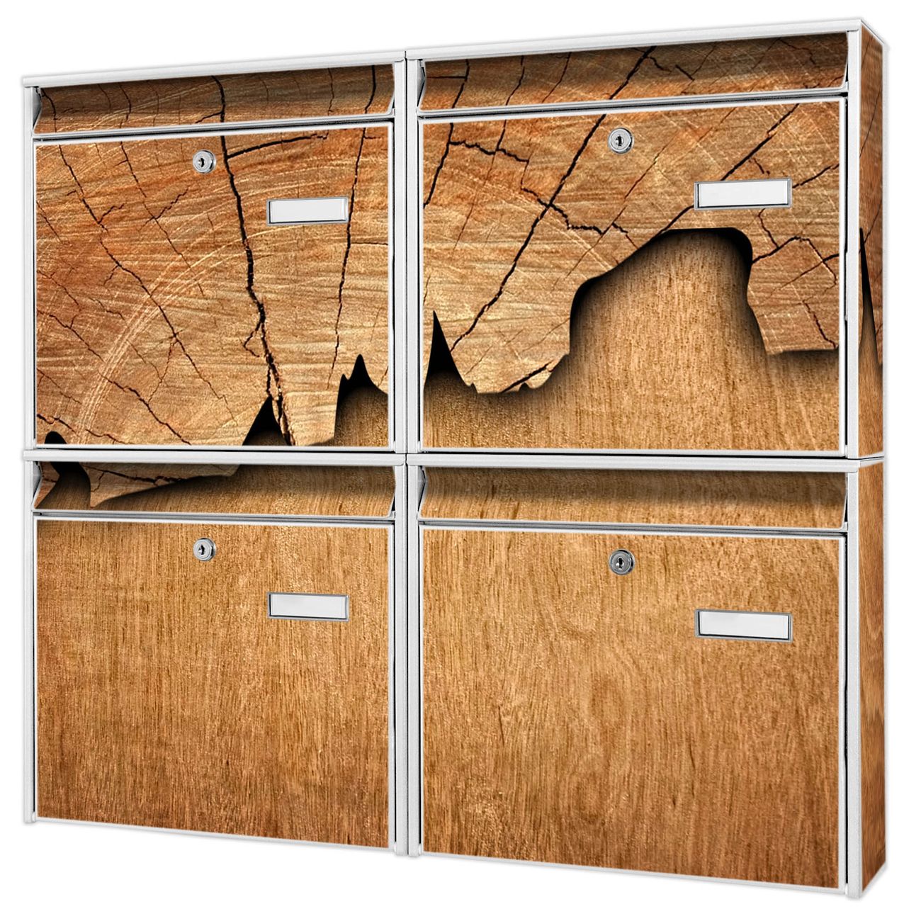 banjado Burg Wächter Briefkastenanlage weiß 4 Parteien Briefkasten Mehrfamilienhaus 64,5x72,5x10cm BxHxT verzinkt und lackiert, Motiv Holz