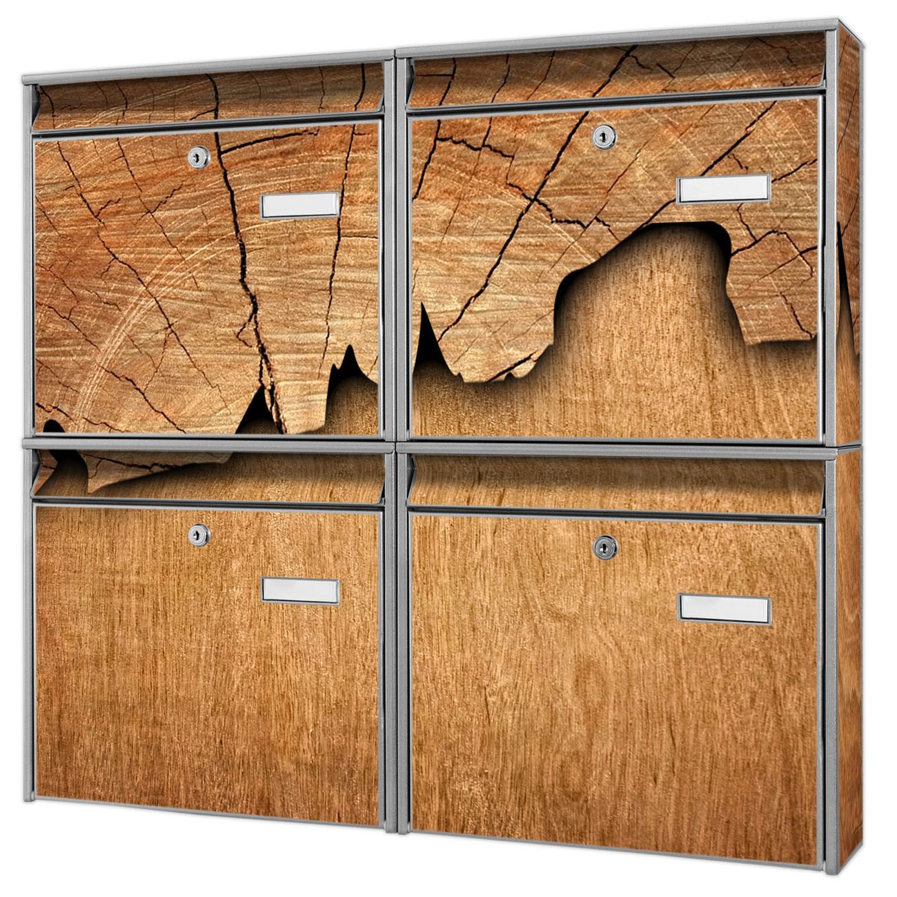 banjado Burg Wächter Briefkastenanlage silber 4 Parteien Briefkasten Mehrfamilienhaus 64,5x72,5x10cm BxHxT verzinkt und lackiert, Motiv Holz