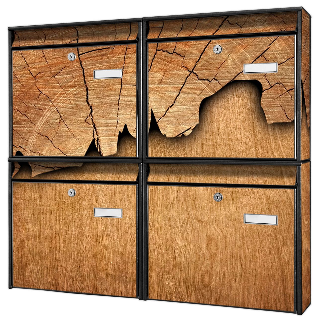 banjado Burg Wächter Briefkastenanlage schwarz 4 Parteien Briefkasten Mehrfamilienhaus 64,5x72,5x10cm BxHxT verzinkt und lackiert, Motiv Holz