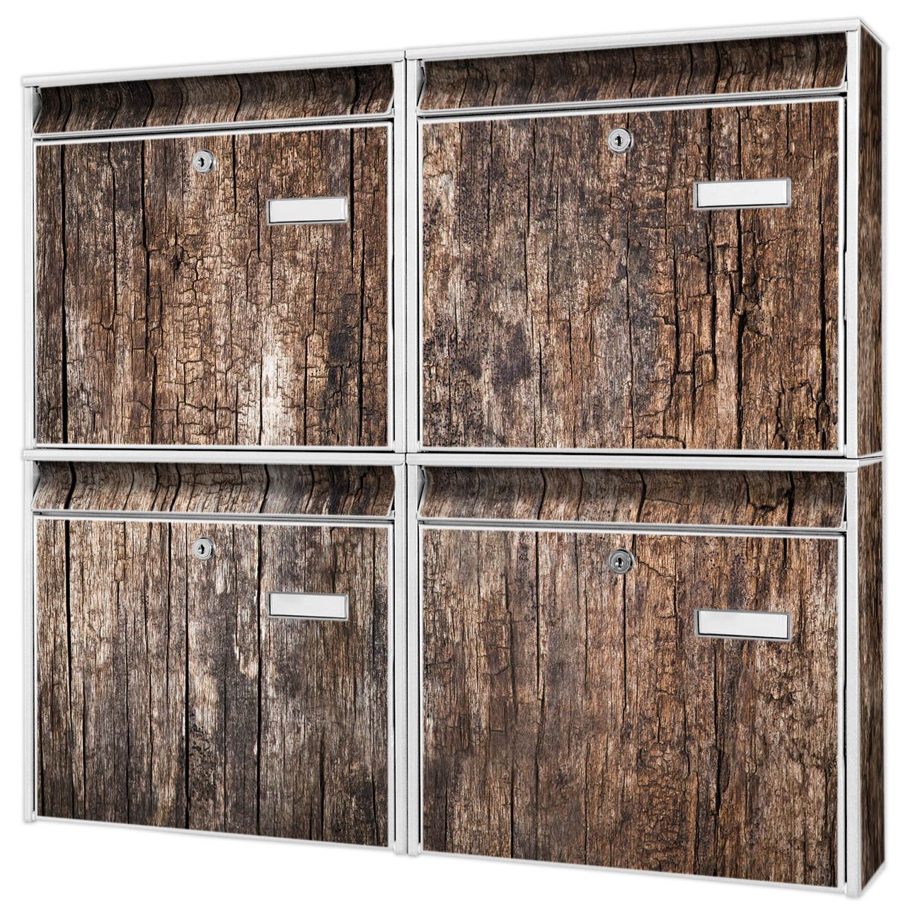 banjado Burg Wächter Briefkastenanlage weiß 4 Parteien Briefkasten Mehrfamilienhaus 64,5x72,5x10cm BxHxT verzinkt und lackiert, Motiv Altes Holz