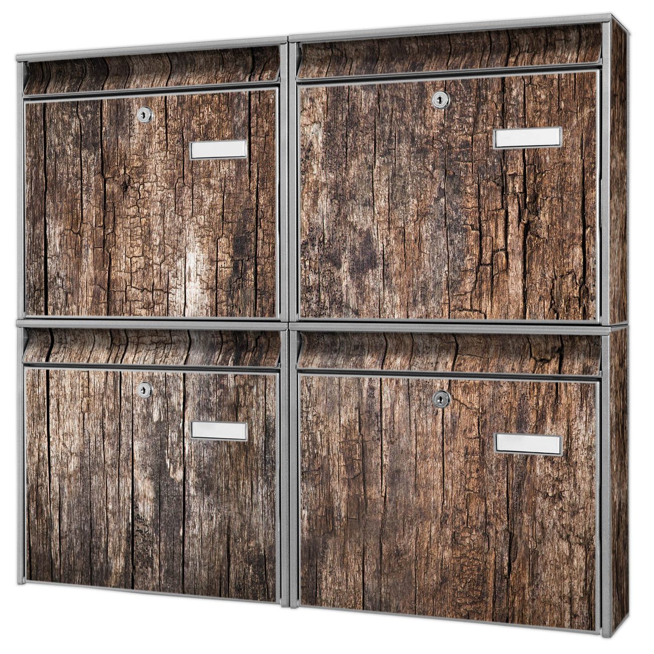 banjado Burg Wächter Briefkastenanlage silber 4 Parteien Briefkasten Mehrfamilienhaus 64,5x72,5x10cm BxHxT verzinkt und lackiert, Motiv Altes Holz