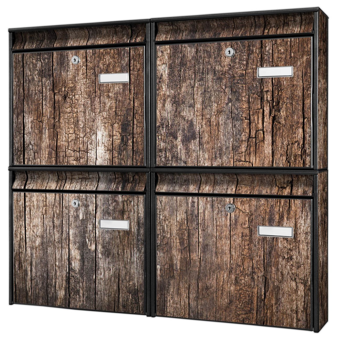 banjado Burg Wächter Briefkastenanlage schwarz 4 Parteien Briefkasten Mehrfamilienhaus 64,5x72,5x10cm BxHxT verzinkt und lackiert, Motiv Altes Holz
