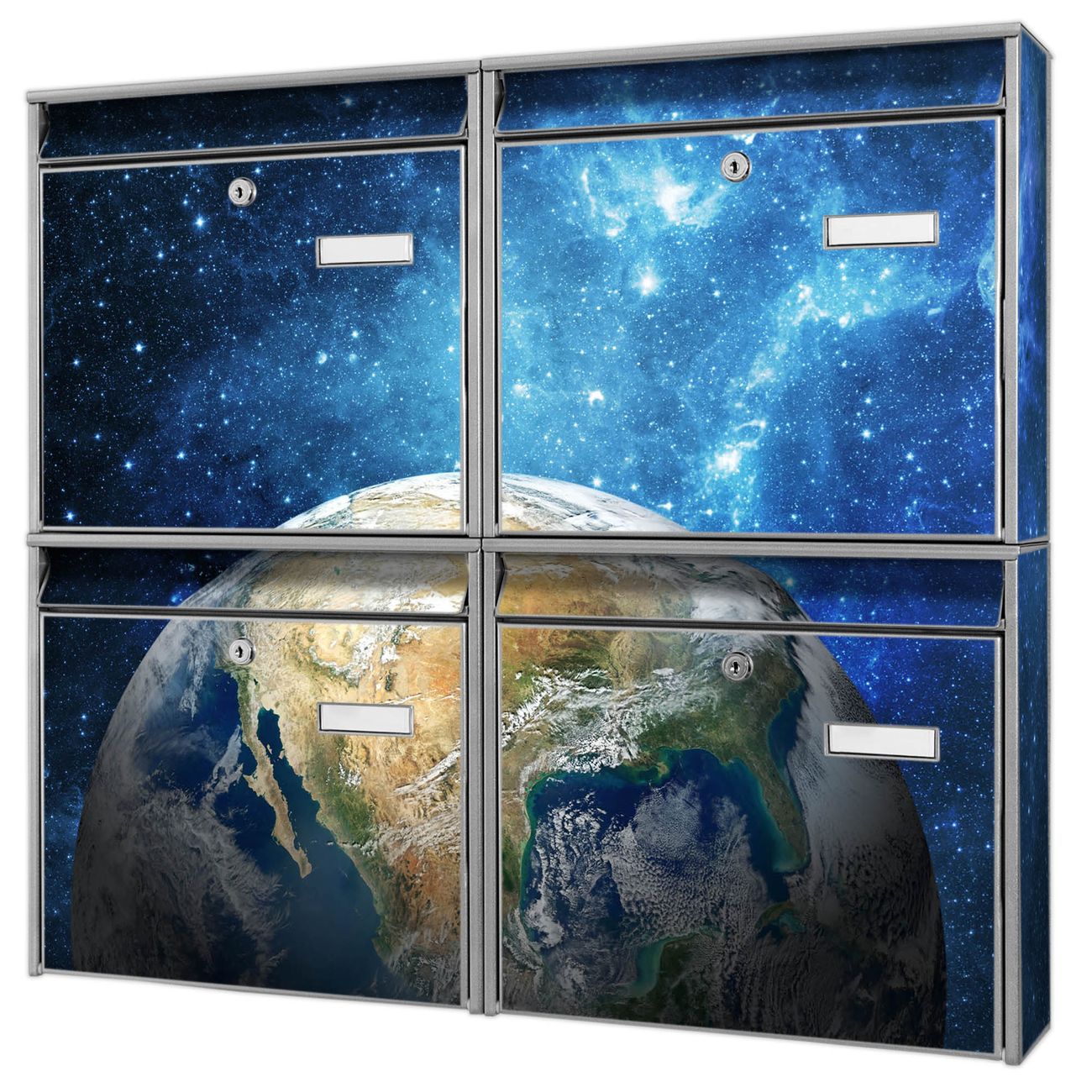 banjado Burg Wächter Briefkastenanlage silber 4 Parteien Briefkasten Mehrfamilienhaus 64,5x72,5x10cm BxHxT verzinkt und lackiert, Motiv Erdkugel