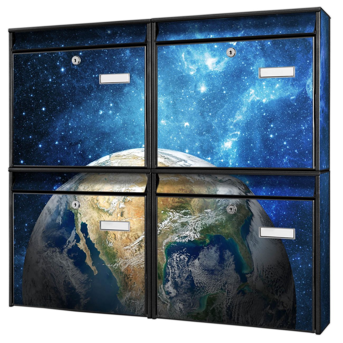 banjado Burg Wächter Briefkastenanlage schwarz 4 Parteien Briefkasten Mehrfamilienhaus 64,5x72,5x10cm BxHxT verzinkt und lackiert, Motiv Erdkugel