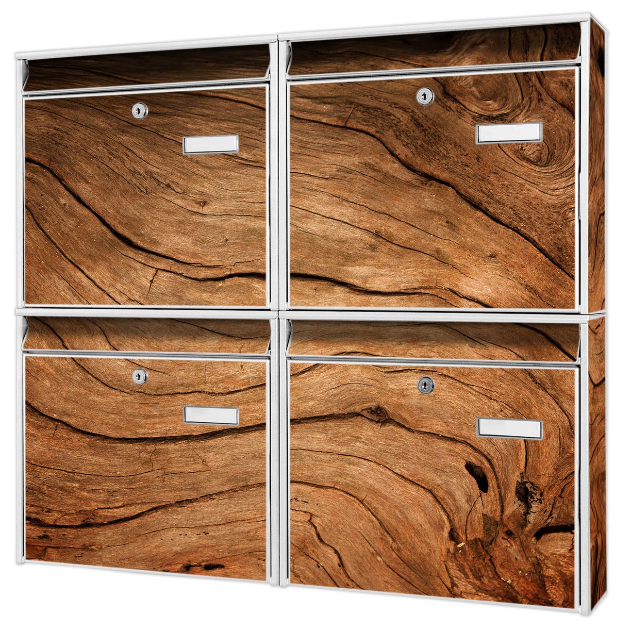 banjado Burg Wächter Briefkastenanlage weiß 4 Parteien Briefkasten Mehrfamilienhaus 64,5x72,5x10cm BxHxT verzinkt und lackiert, Motiv Holzmaserung