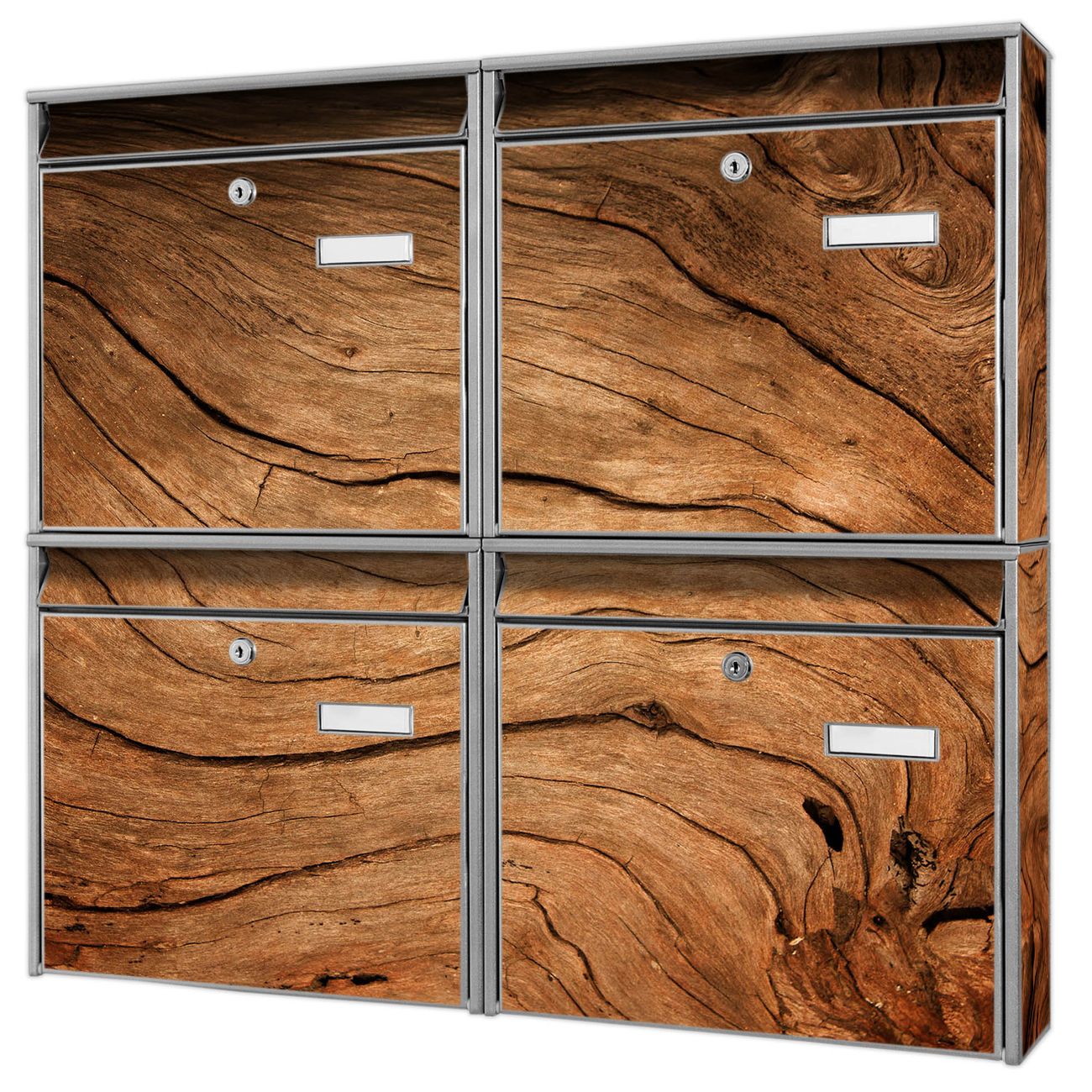 banjado Burg Wächter Briefkastenanlage silber 4 Parteien Briefkasten Mehrfamilienhaus 64,5x72,5x10cm BxHxT verzinkt und lackiert, Motiv Holzmaserung