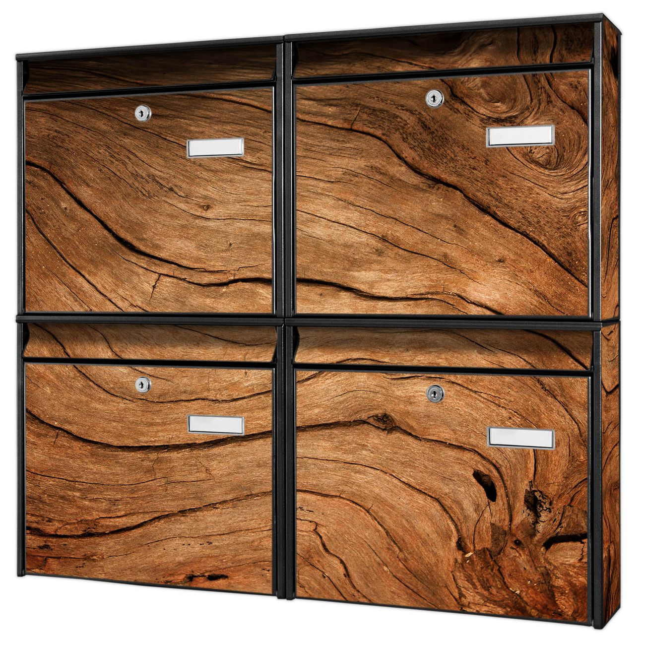 banjado Burg Wächter Briefkastenanlage schwarz 4 Parteien Briefkasten Mehrfamilienhaus 64,5x72,5x10cm BxHxT verzinkt und lackiert, Motiv Holzmaserung