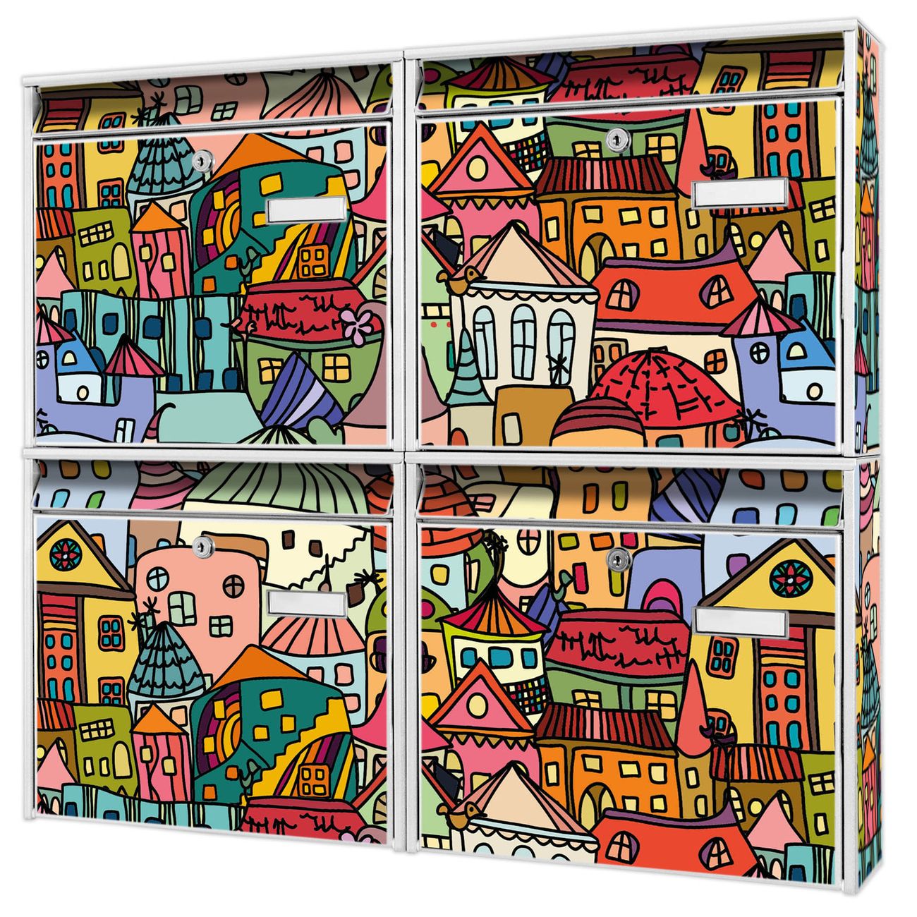 banjado Burg Wächter Briefkastenanlage weiß für 4 Parteien Briefkasten kaufen, mehre Farben, flexibel erweiterbar Funky Town - A4 Einwurf