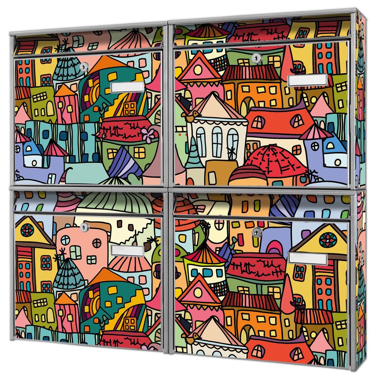 banjado Burg Wächter Briefkastenanlage silber für 4 Parteien Briefkasten kaufen, mehre Farben, flexibel erweiterbar Funky Town - A4 Einwurf
