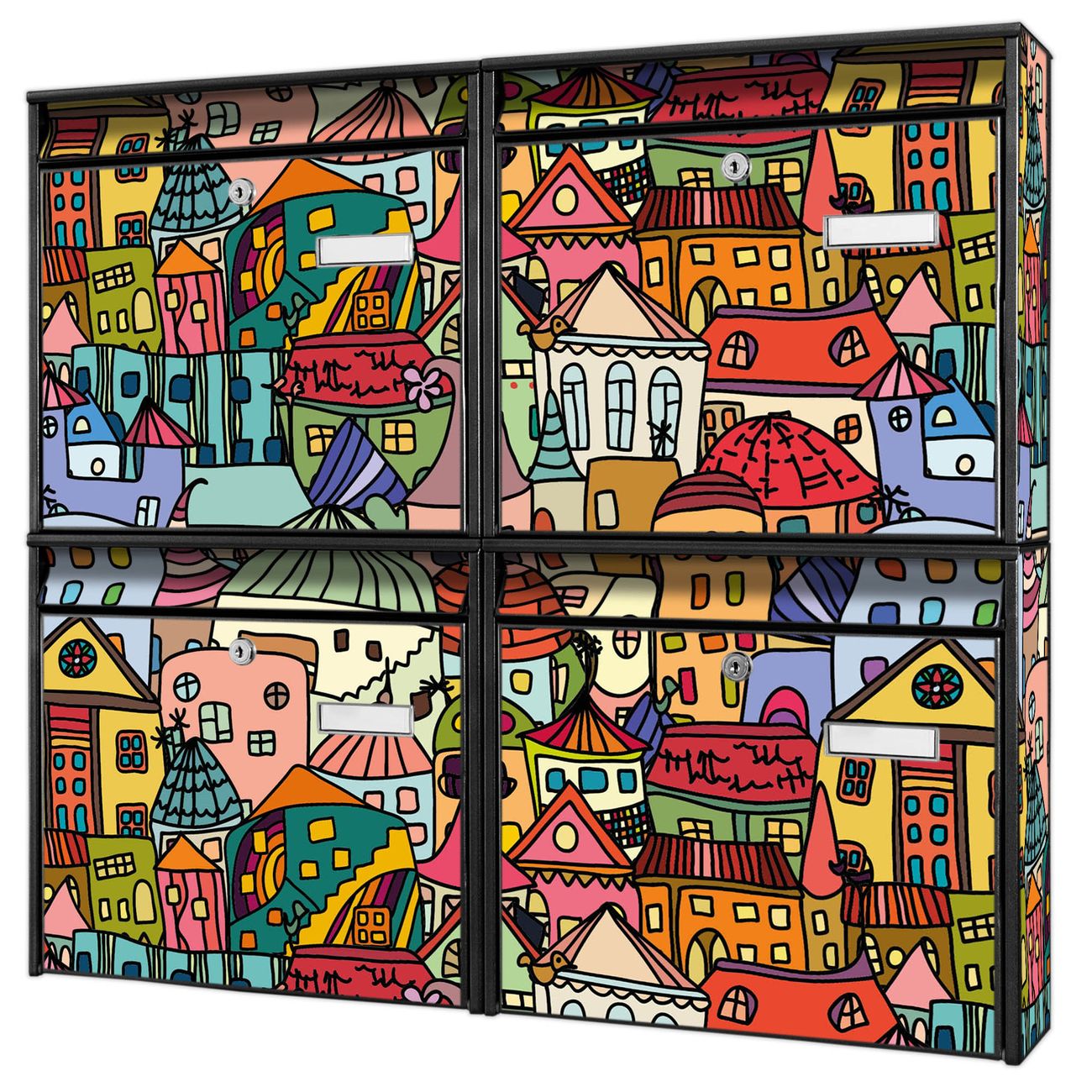 banjado Burg Wächter Briefkastenanlage schwarz für 4 Parteien Briefkasten kaufen, mehre Farben, flexibel erweiterbar Funky Town - A4 Einwurf