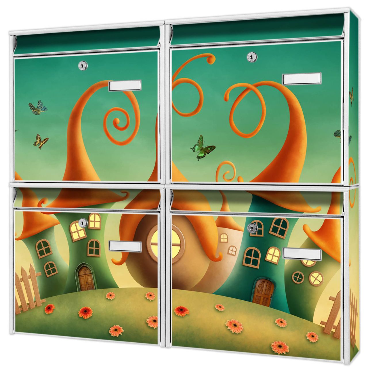 banjado Burg Wächter Briefkastenanlage weiß 4 Parteien Briefkasten Mehrfamilienhaus 64,5x72,5x10cm BxHxT verzinkt und lackiert, Motiv Zwergenhausen