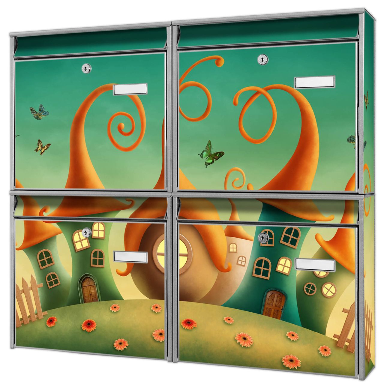 banjado Burg Wächter Briefkastenanlage silber 4 Parteien Briefkasten Mehrfamilienhaus 64,5x72,5x10cm BxHxT verzinkt und lackiert, Motiv Zwergenhausen