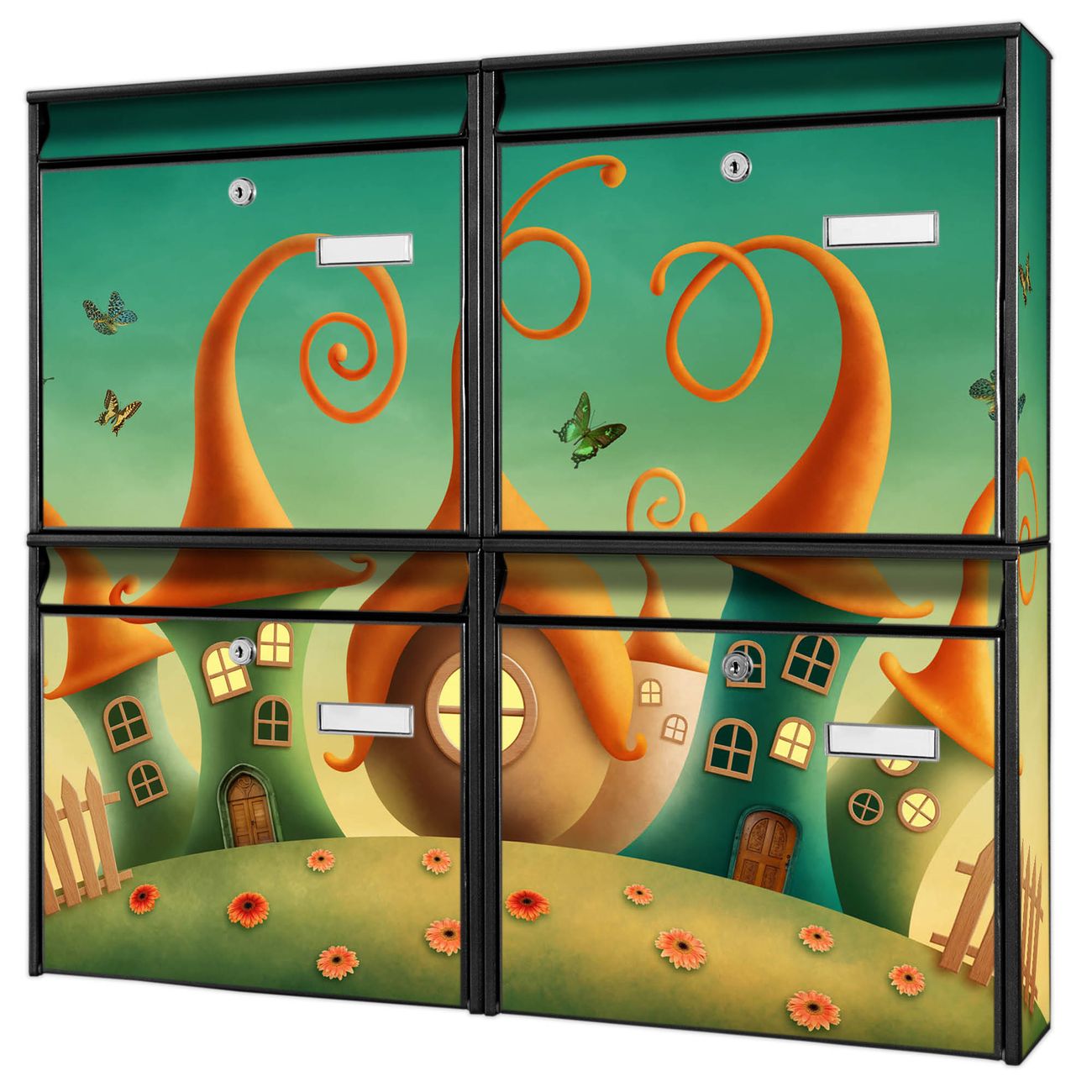 banjado Burg Wächter Briefkastenanlage schwarz 4 Parteien Briefkasten Mehrfamilienhaus 64,5x72,5x10cm BxHxT verzinkt und lackiert, Motiv Zwergenhausen