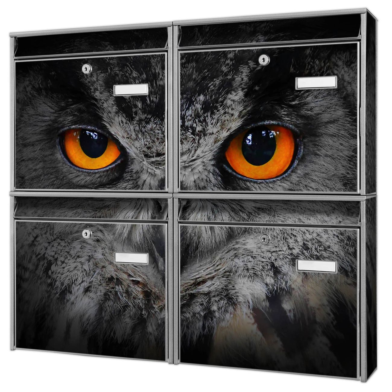 banjado Burg Wächter Briefkastenanlage silber 4 Parteien Briefkasten Mehrfamilienhaus 64,5x72,5x10cm BxHxT verzinkt und lackiert, Motiv Uhu