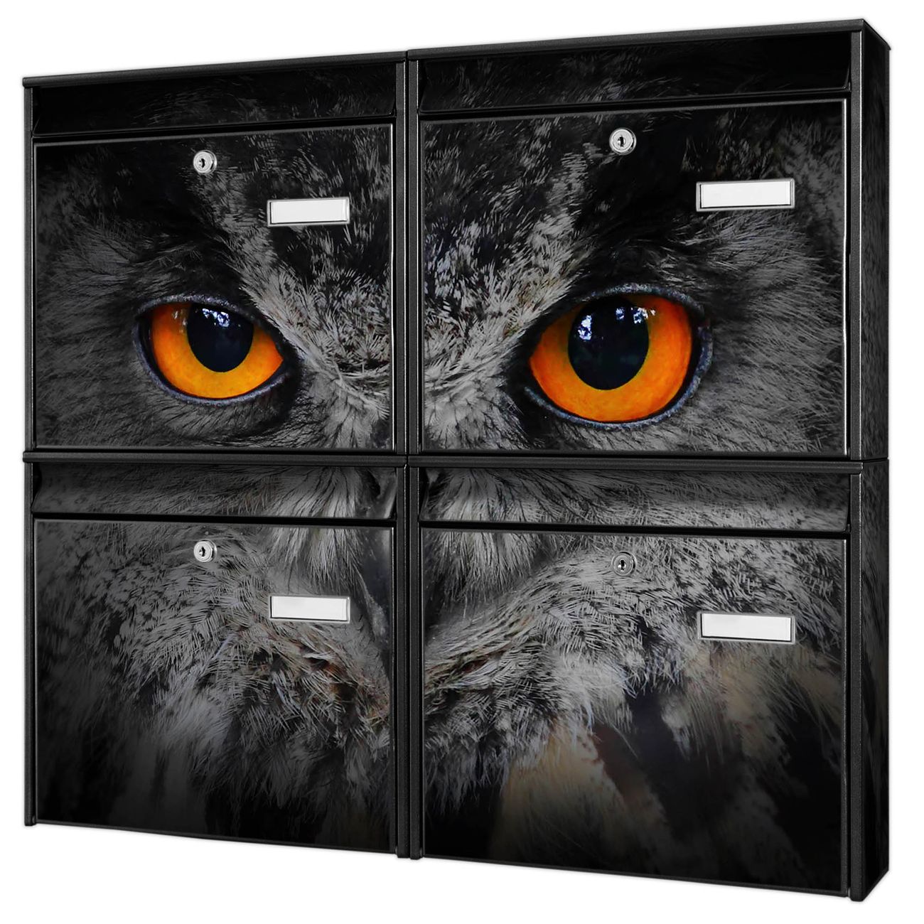 banjado Burg Wächter Briefkastenanlage schwarz 4 Parteien Briefkasten Mehrfamilienhaus 64,5x72,5x10cm BxHxT verzinkt und lackiert, Motiv Uhu