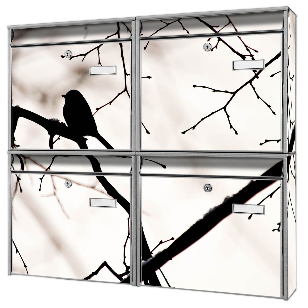 banjado Burg Wächter Briefkastenanlage silber 4 Parteien Briefkasten Mehrfamilienhaus 64,5x72,5x10cm BxHxT verzinkt und lackiert, Motiv Früher Vogel