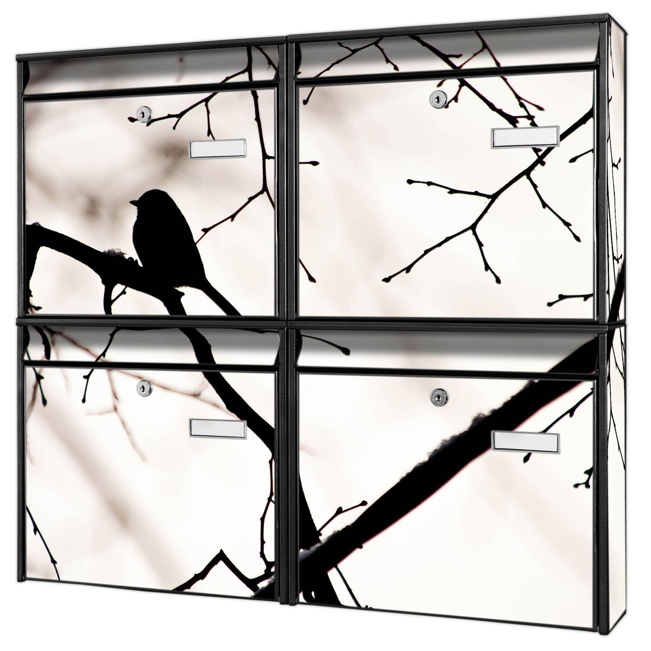 banjado Burg Wächter Briefkastenanlage schwarz 4 Parteien Briefkasten Mehrfamilienhaus 64,5x72,5x10cm BxHxT verzinkt und lackiert, Motiv Früher Vogel