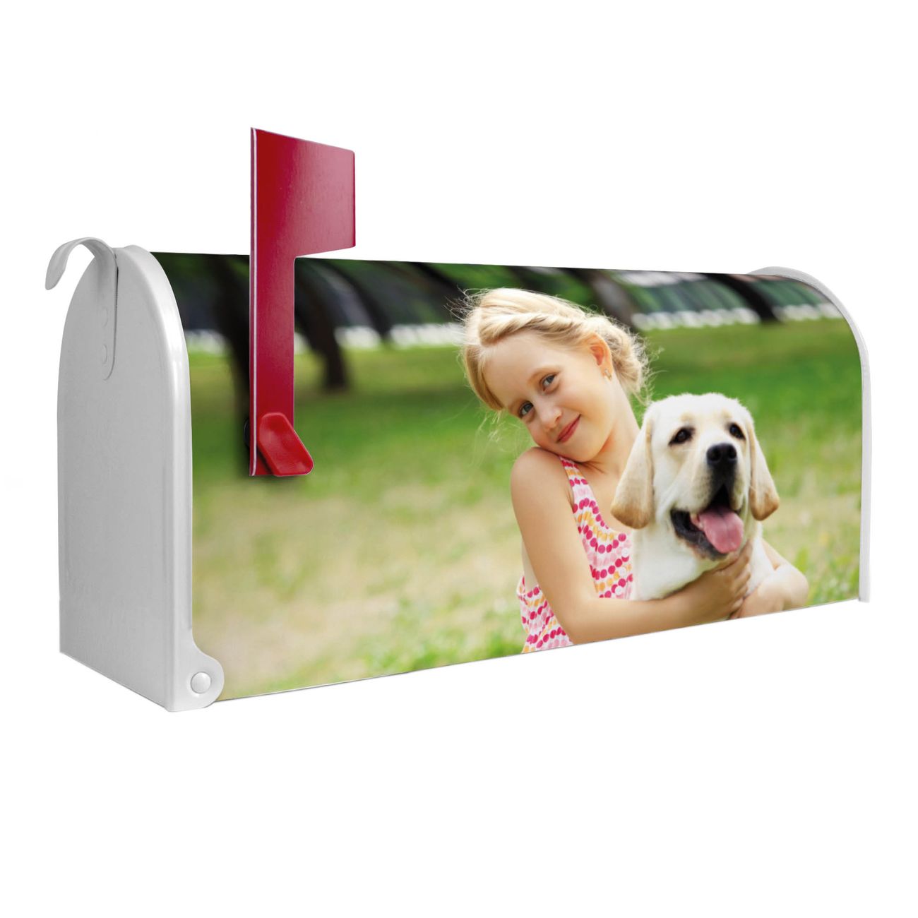 banjado Amerikanischer Briefkasten Weiß US Mailbox, Letterbox Eigenes Bild, Stahl Postkasten aus Amerika, Briefkasten amerikanisch mit roter Fahne