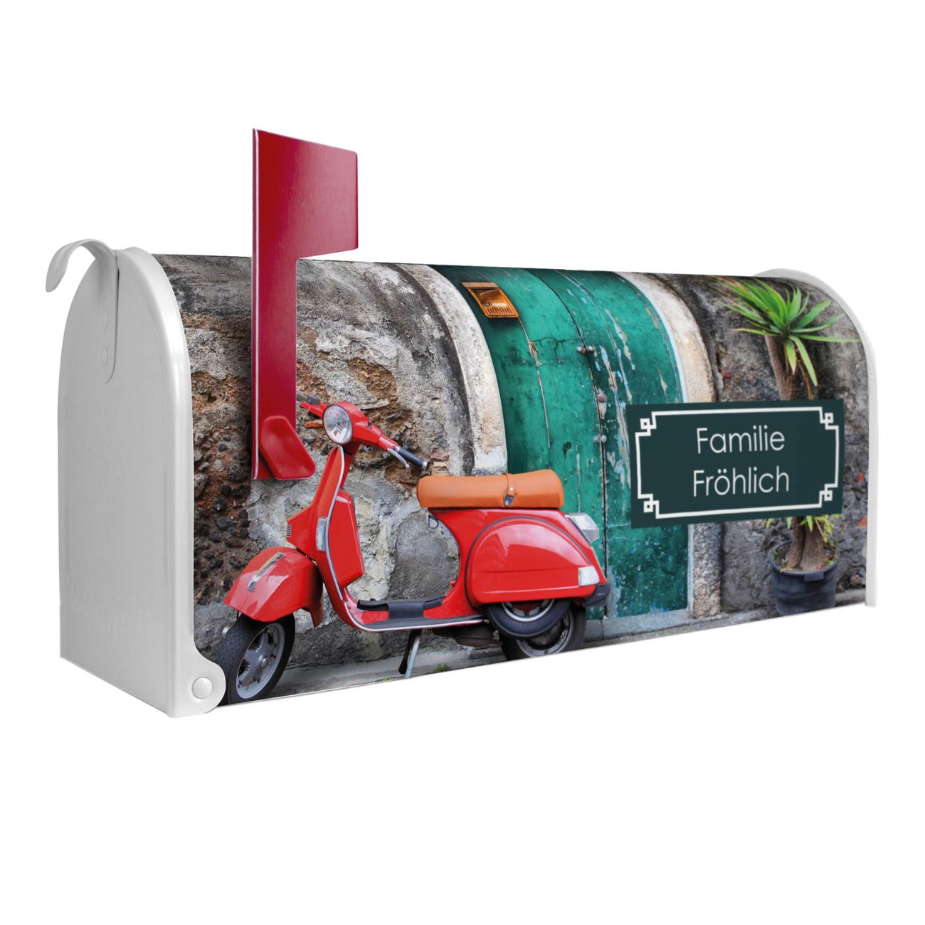 banjado Amerikanischer Briefkasten Weiß US Mailbox, Letterbox Italien, Stahl Postkasten aus Amerika, Briefkasten amerikanisch mit roter Fahne