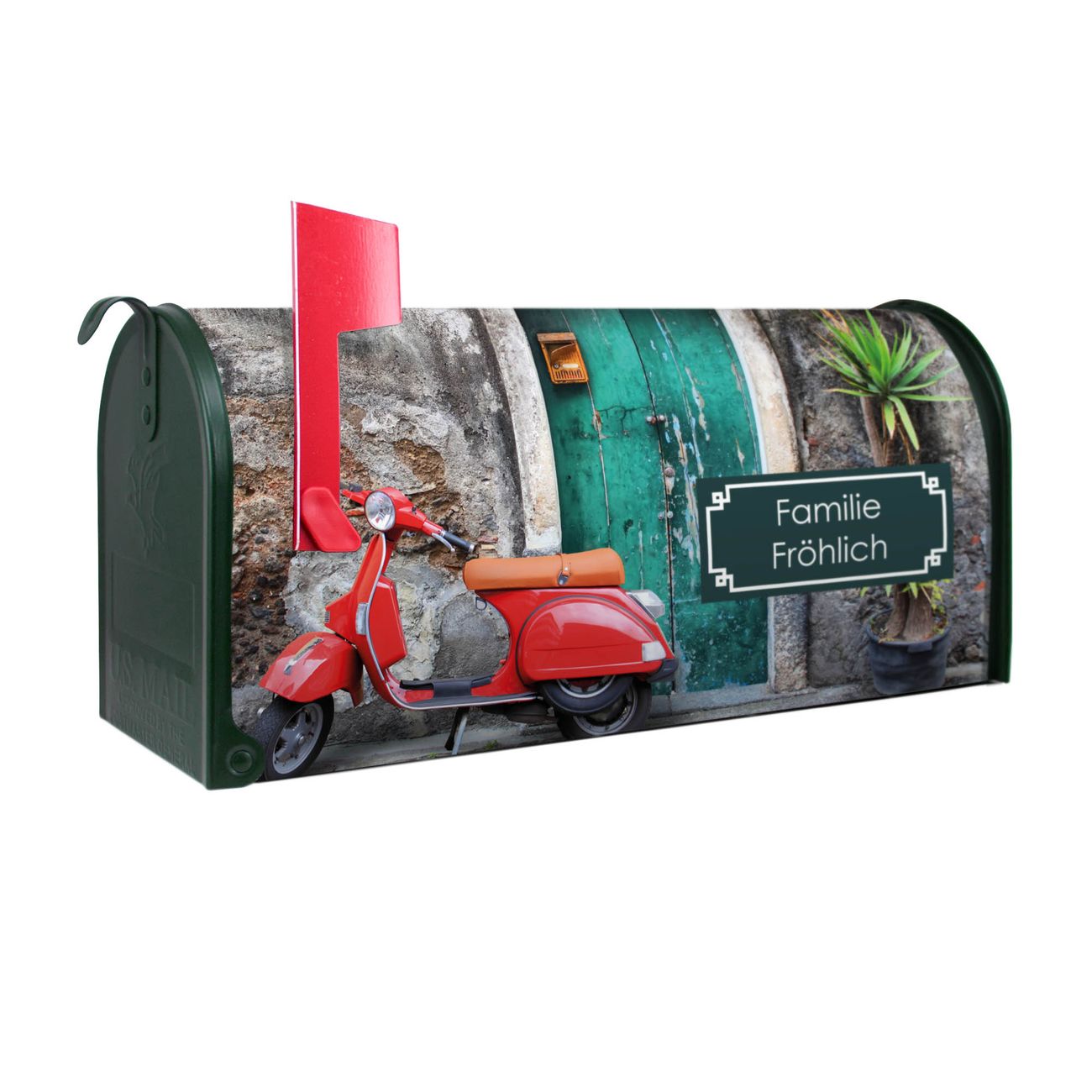 banjado Amerikanischer Briefkasten Grün US Mailbox, Letterbox Italien, Stahl Postkasten aus Amerika, Briefkasten amerikanisch mit roter Fahne