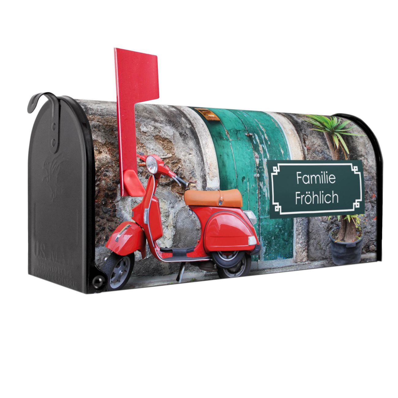 banjado Amerikanischer Briefkasten Schwarz US Mailbox, Letterbox Italien, Stahl Postkasten aus Amerika, Briefkasten amerikanisch mit roter Fahne