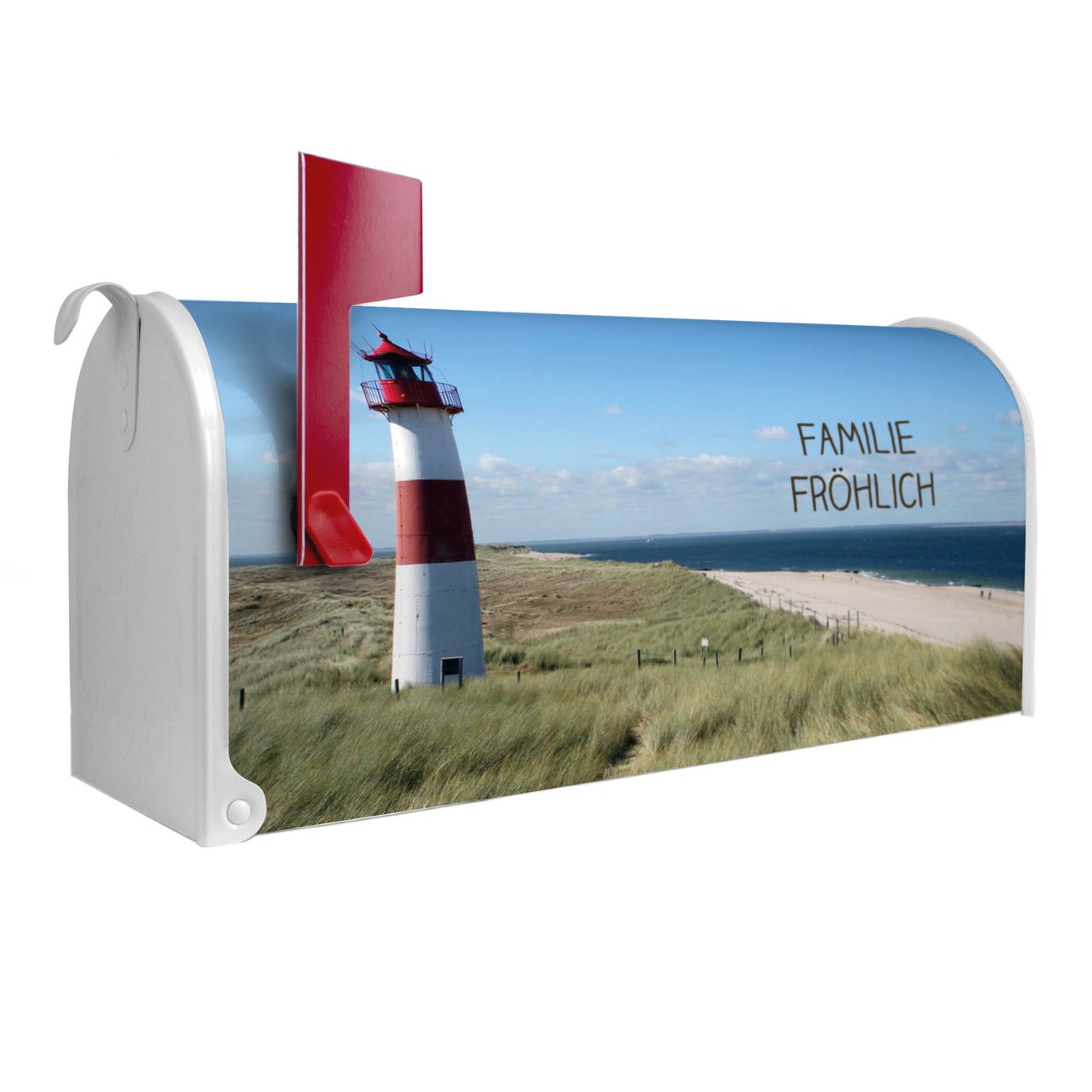 banjado Amerikanischer Briefkasten Weiß US Mailbox, Letterbox Leuchtturm, Stahl Postkasten aus Amerika, Briefkasten amerikanisch mit roter Fahne